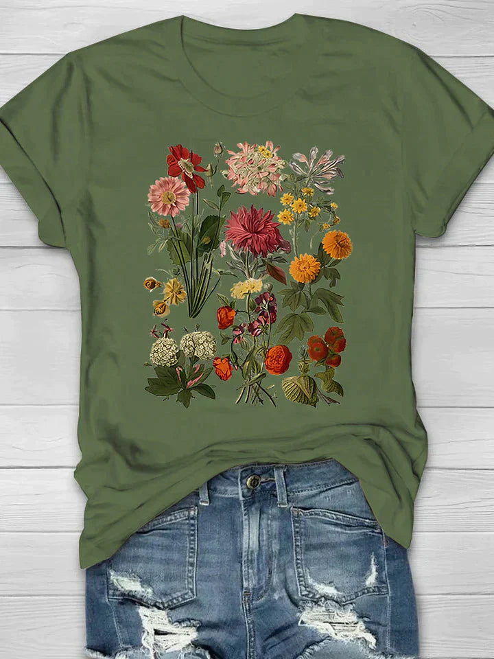 T-shirt groen met bloemenprint vooraanzicht