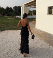 Zomerjurk zwart met ruches rugzicht