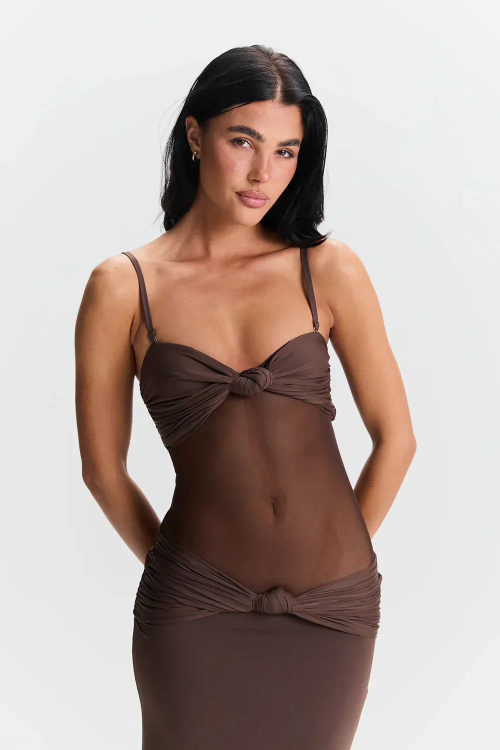 Brown strapless dress with mesh detail front view