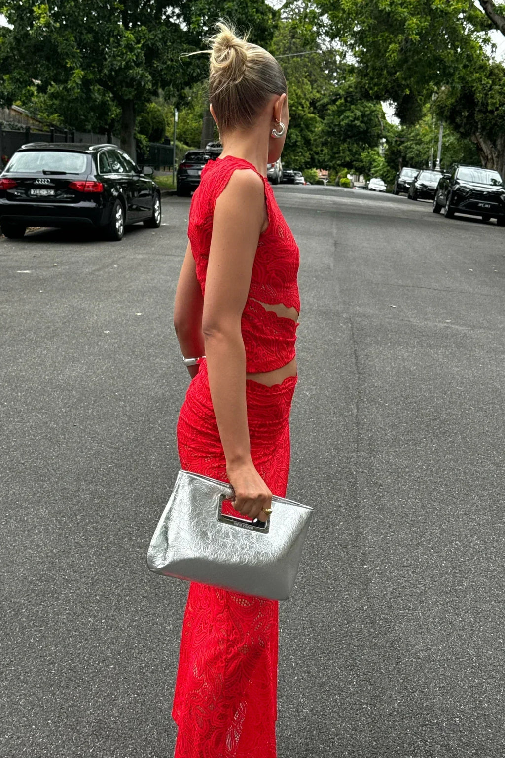 Red lace crop top and long skirt set back view