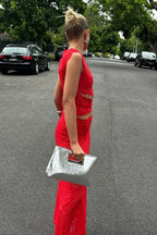 Red lace crop top and long skirt set back view