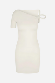 Cream dress with one-shoulder design, front view on mannequin