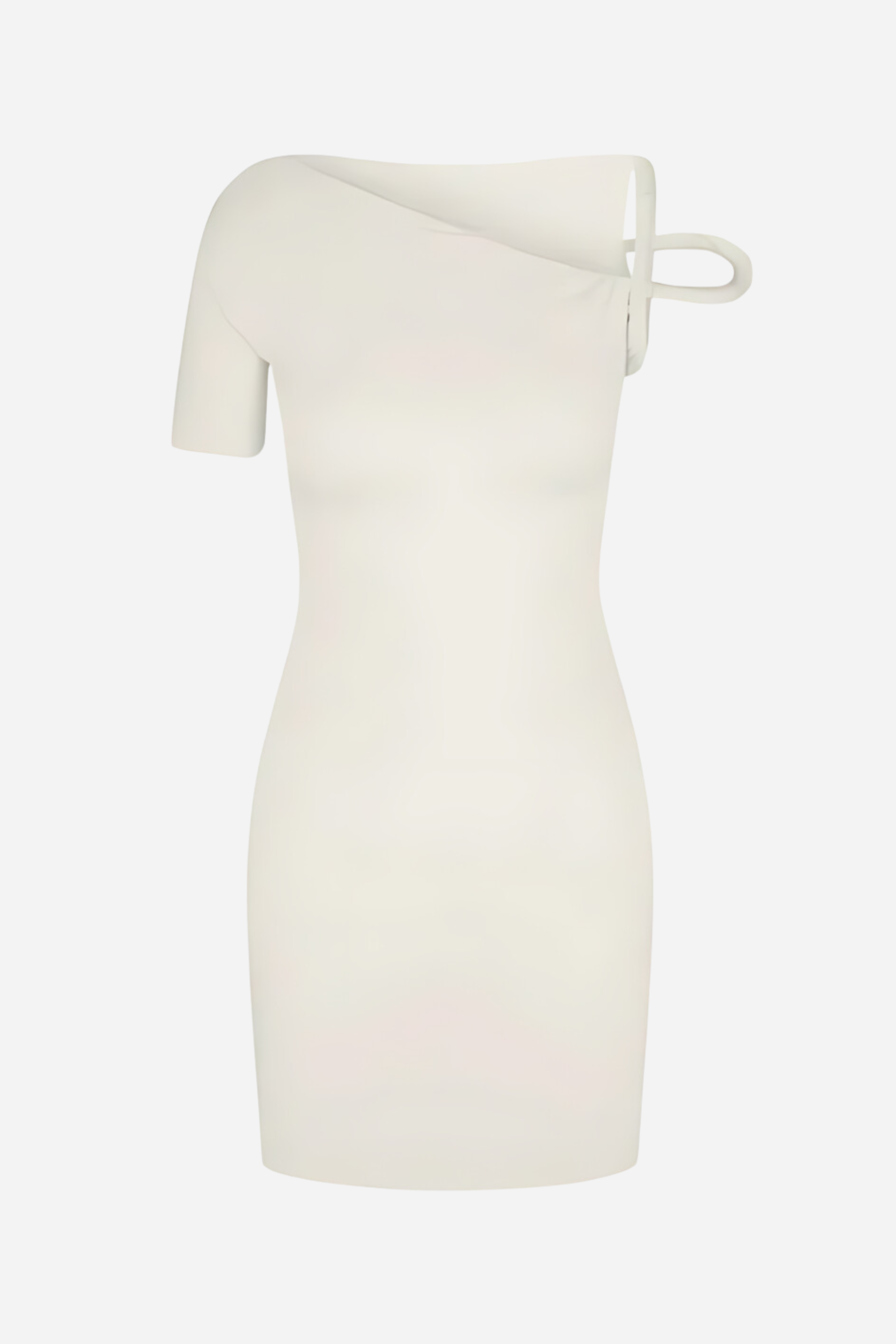 Cream dress with one-shoulder design, front view on mannequin
