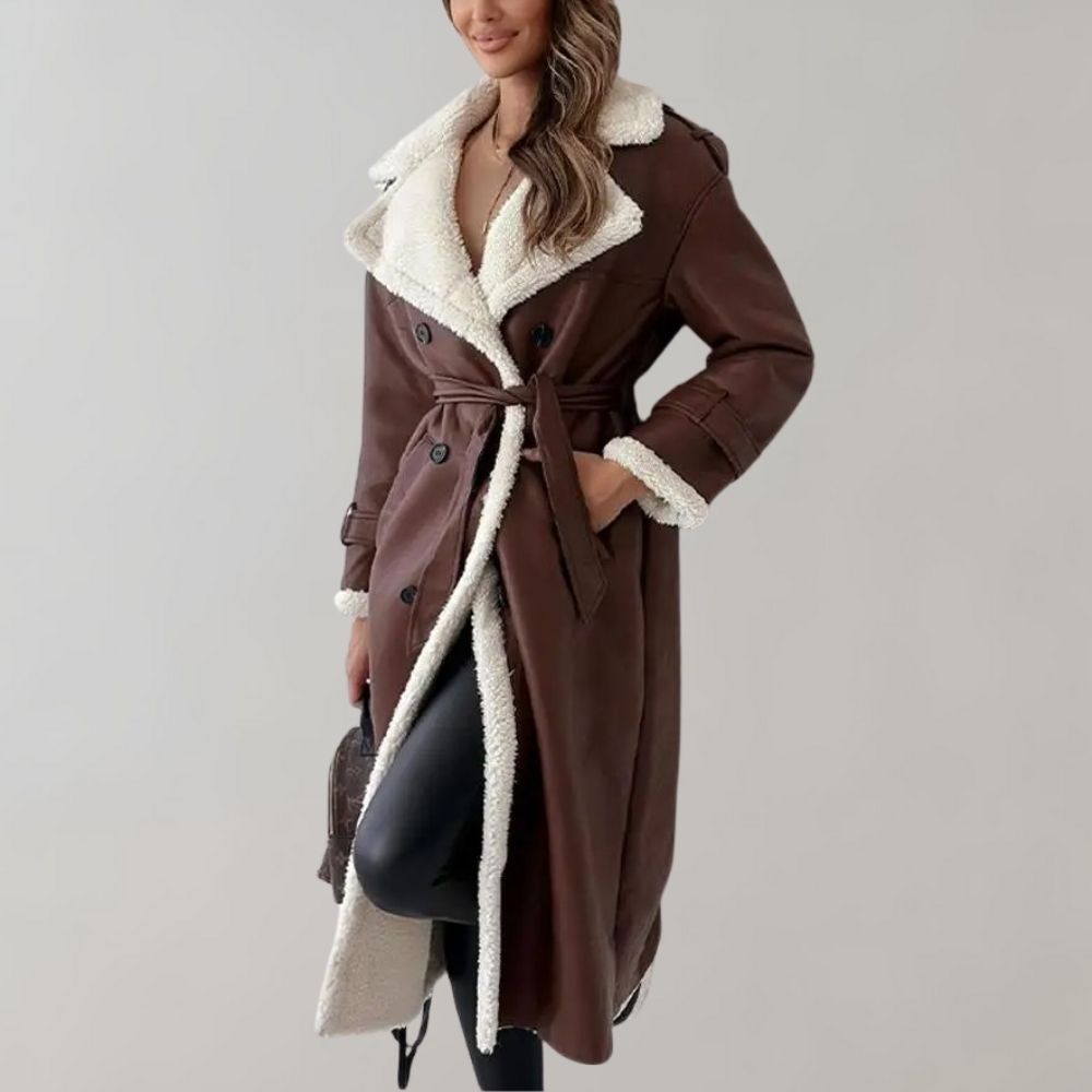 Trenchcoat brown with white shearling lining front view