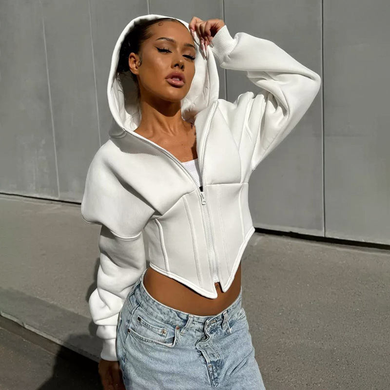 White hoodie with corset detail front view