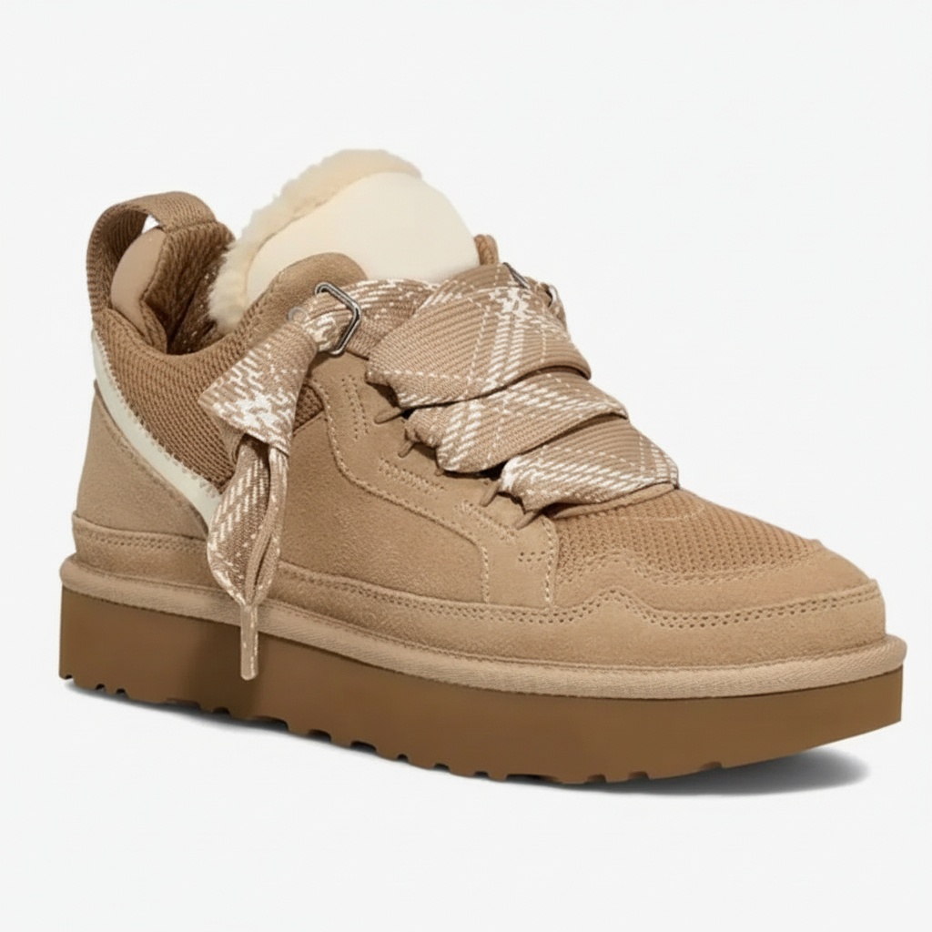Beige suede sneakers with shearling lining front view