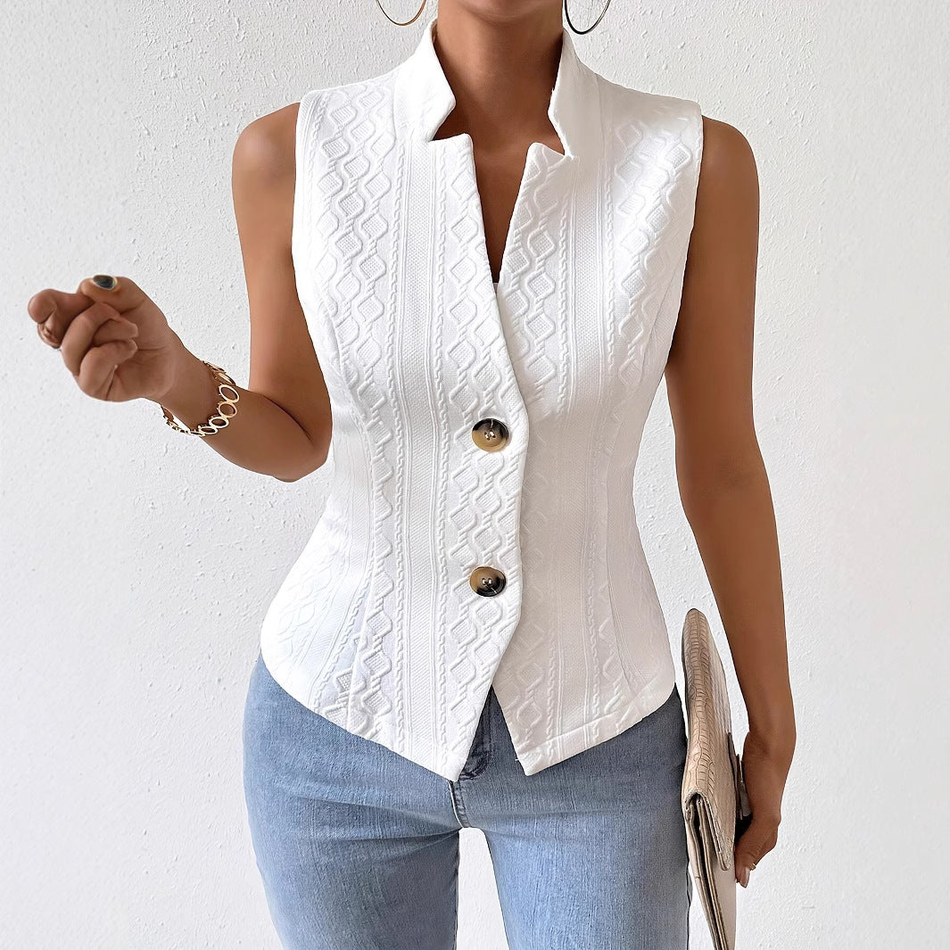 White structured gilet angled view with gold buttons