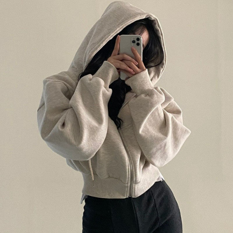 White zip-up hoodie with hood worn front view