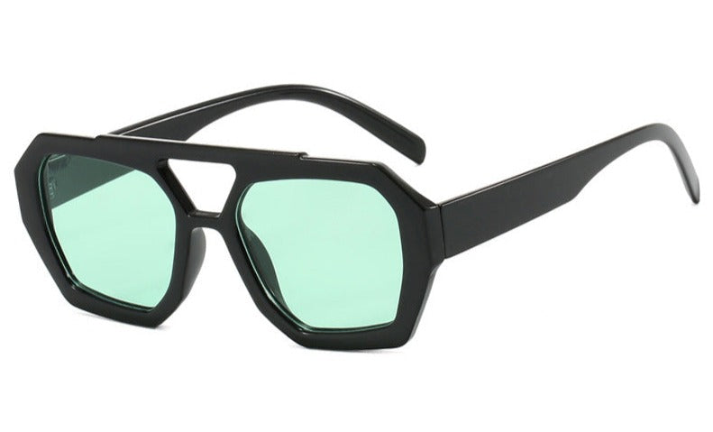 Geometric sunglasses black with green lenses front view isolated