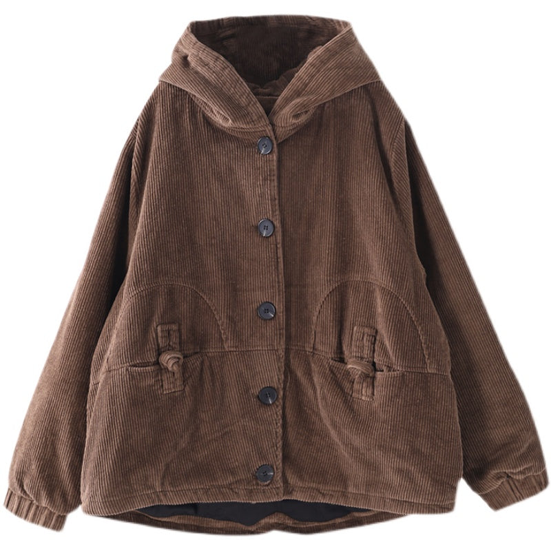 Brown corduroy hooded jacket with large pockets front view