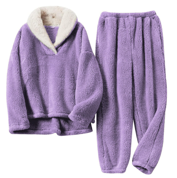 Purple fleece pajama set with cream lining, front view