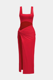 Midi dress red front view with side slit