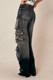 Cargo jeans model side view dark wash hands in pockets