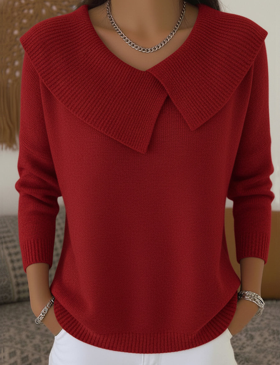 Red sweater with oversized collar front view