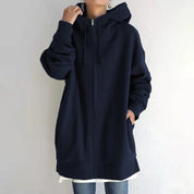 Oversized hoodie navy front view with drawstring