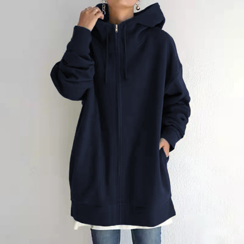 Oversized hoodie navy front view with drawstring