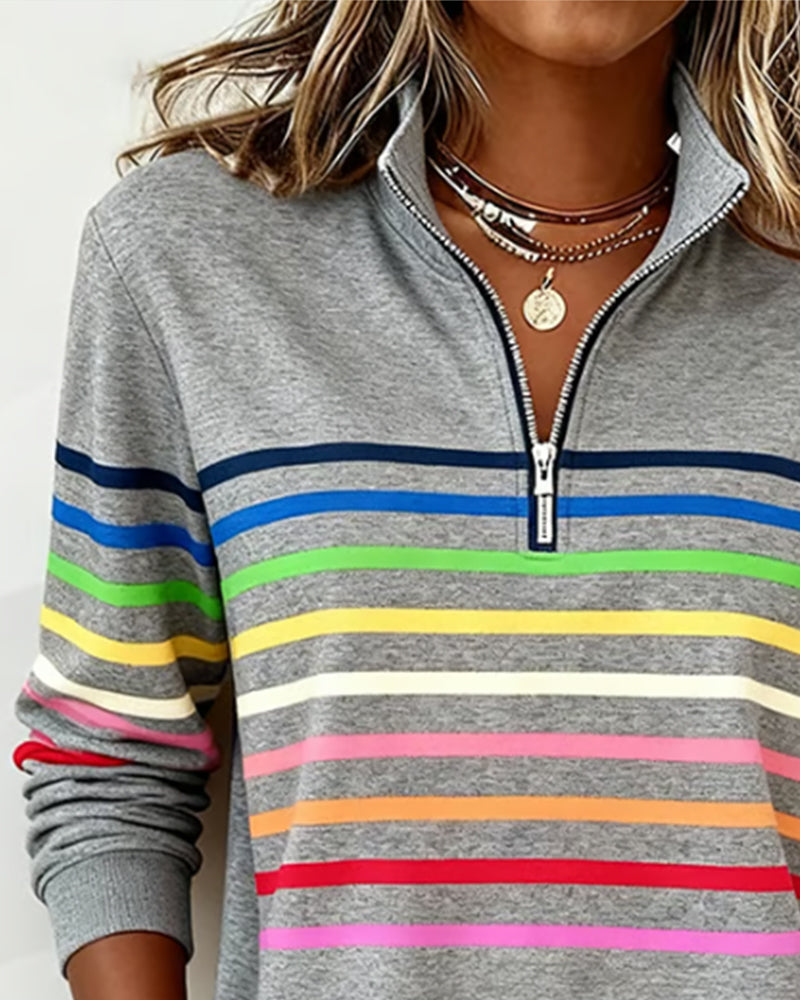 Gray sweatshirt with colorful stripes close-up neck view