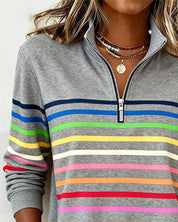 Gray sweatshirt with colorful stripes close-up neck view