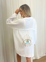 Oversized shirt with sequin eye detail, white, front view