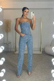 Strapless jumpsuit denim met glitters detail shot