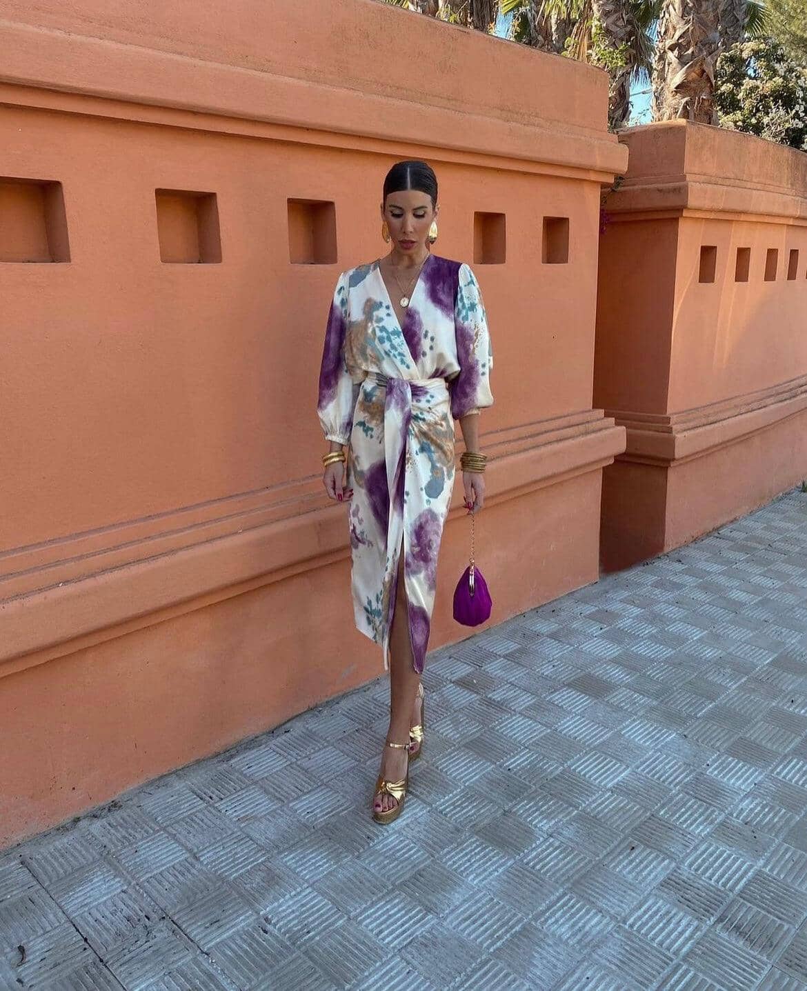 Silk dress with abstract print and deep V-neck full-body view