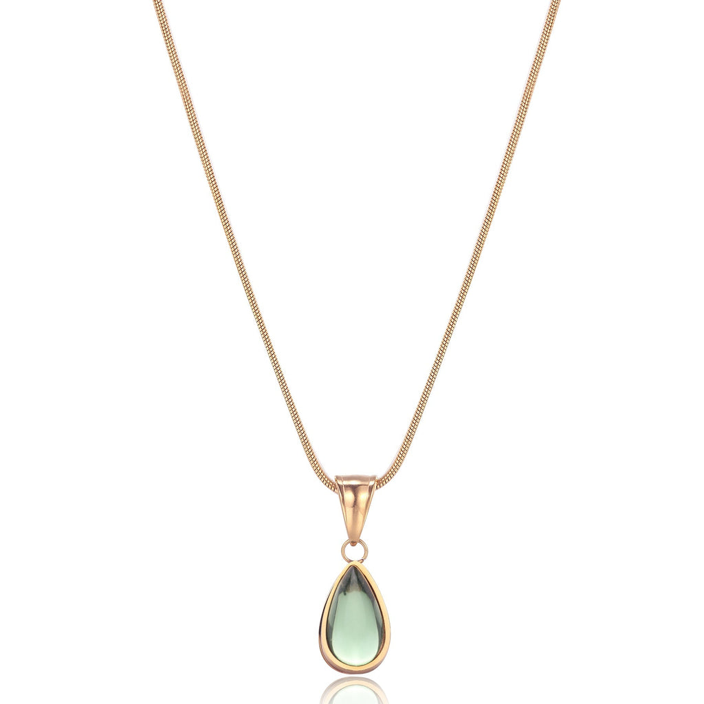 Gold necklace with teardrop-shaped green stone pendant, front view