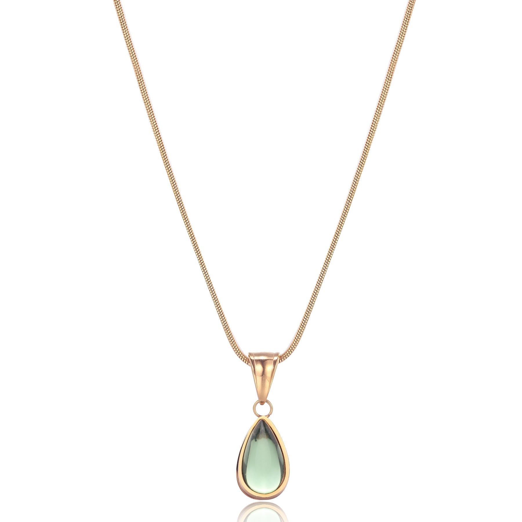 Gold necklace with teardrop-shaped green stone pendant, front view