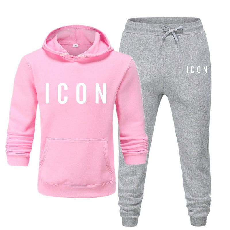 Heren set roze hoodie en grijze joggingbroek met 'ICON' print