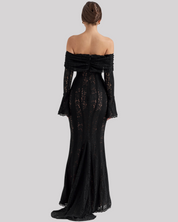Kanten maxi-jurk zwart off-shoulder rugzijde