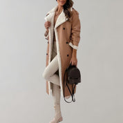 Trenchcoat camel with white shearling lining front view