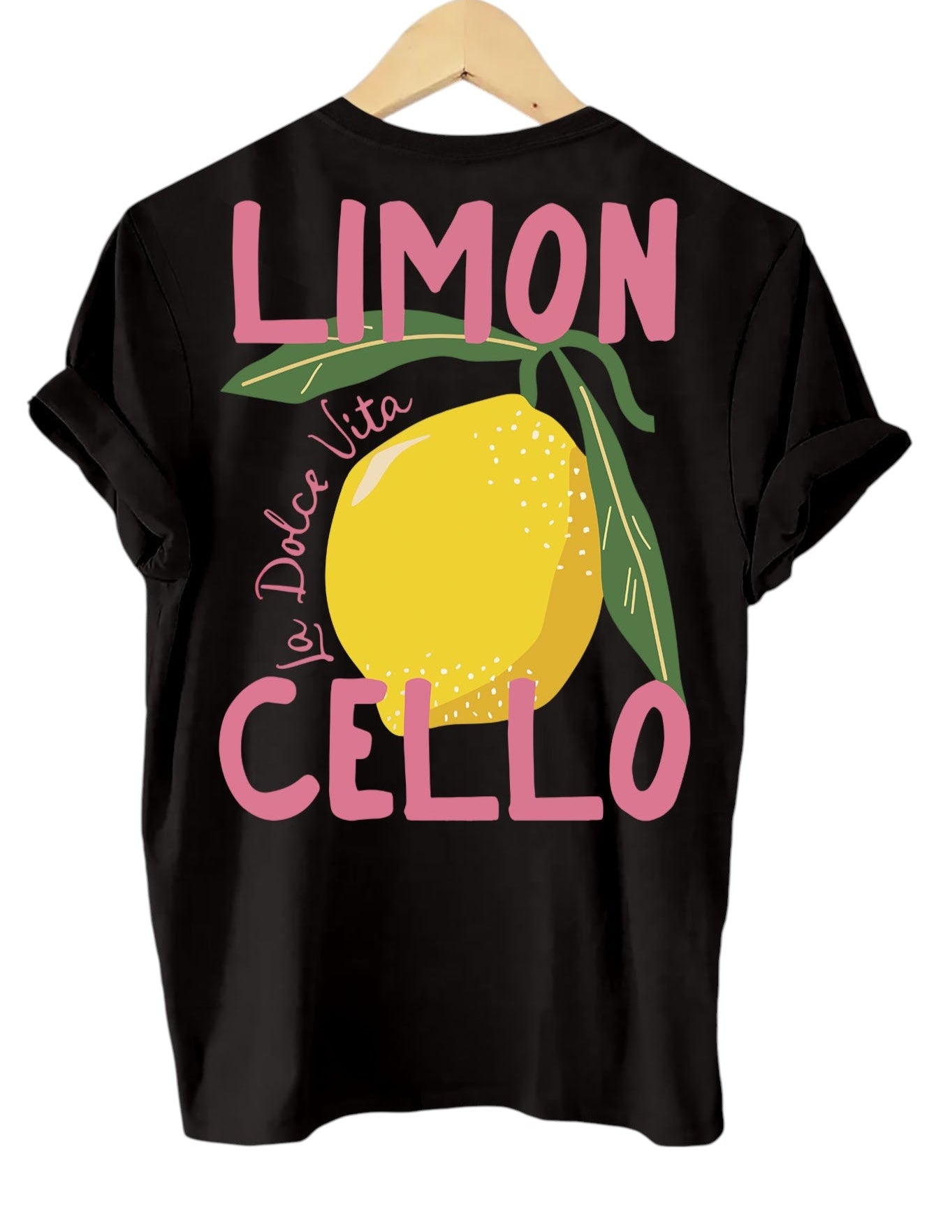 T-shirt zwart met citroenprint en roze tekst 'LIMON CELLO' achterzijde