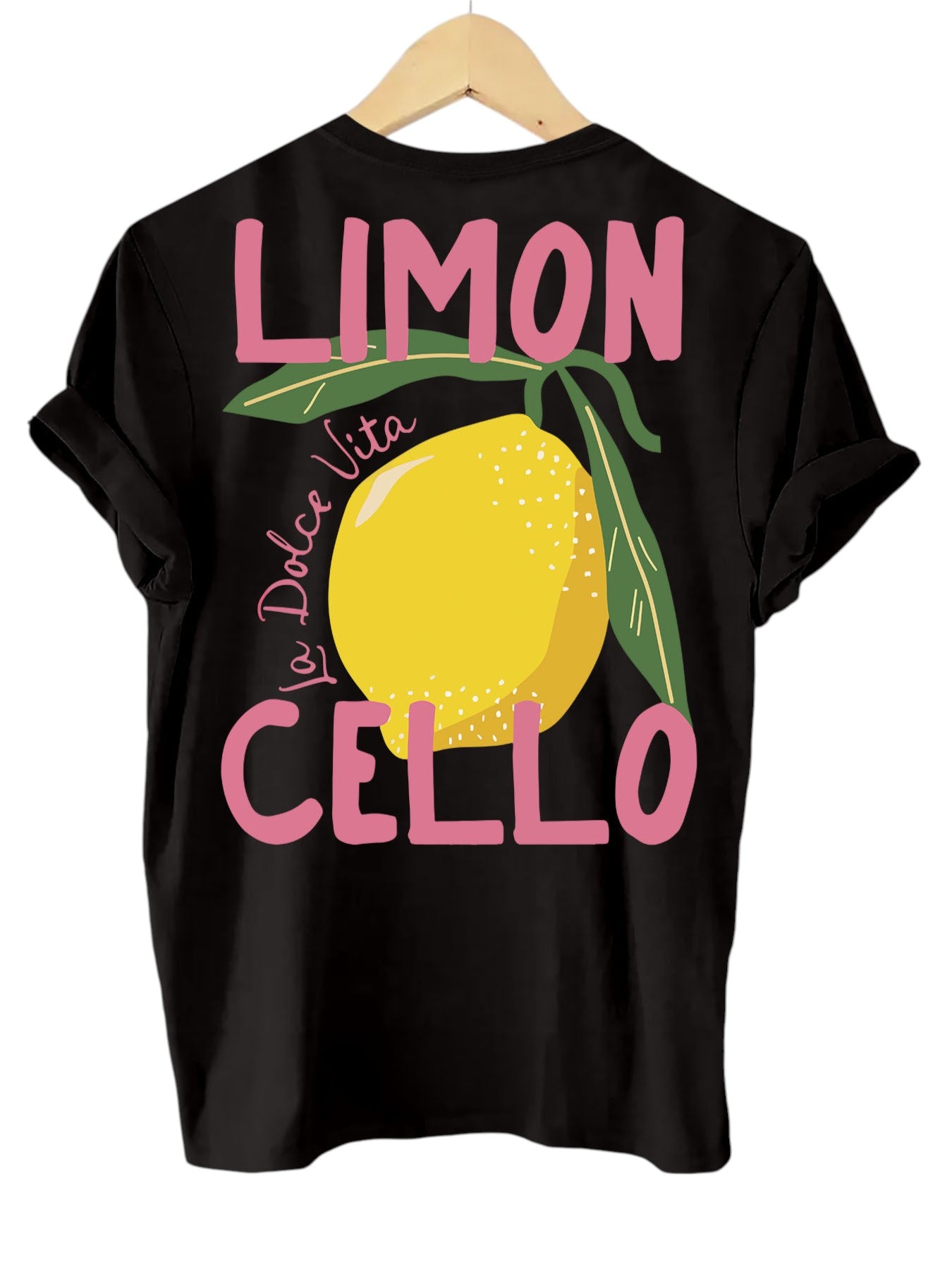 T-shirt zwart met citroenprint en roze tekst 'LIMON CELLO' achterzijde