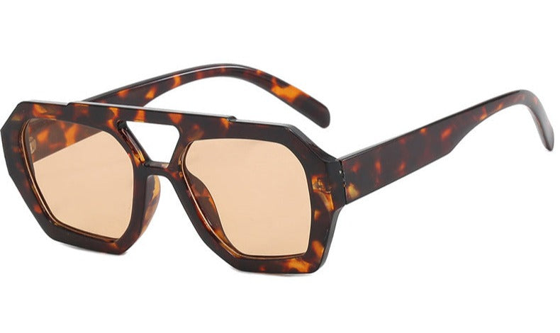 Zonnebril, geometrisch frame met dubbele brug, acetaat, geel/bruin, Dames