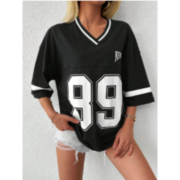 Black v-neck t-shirt with '89' and 'New York' graphic, front view