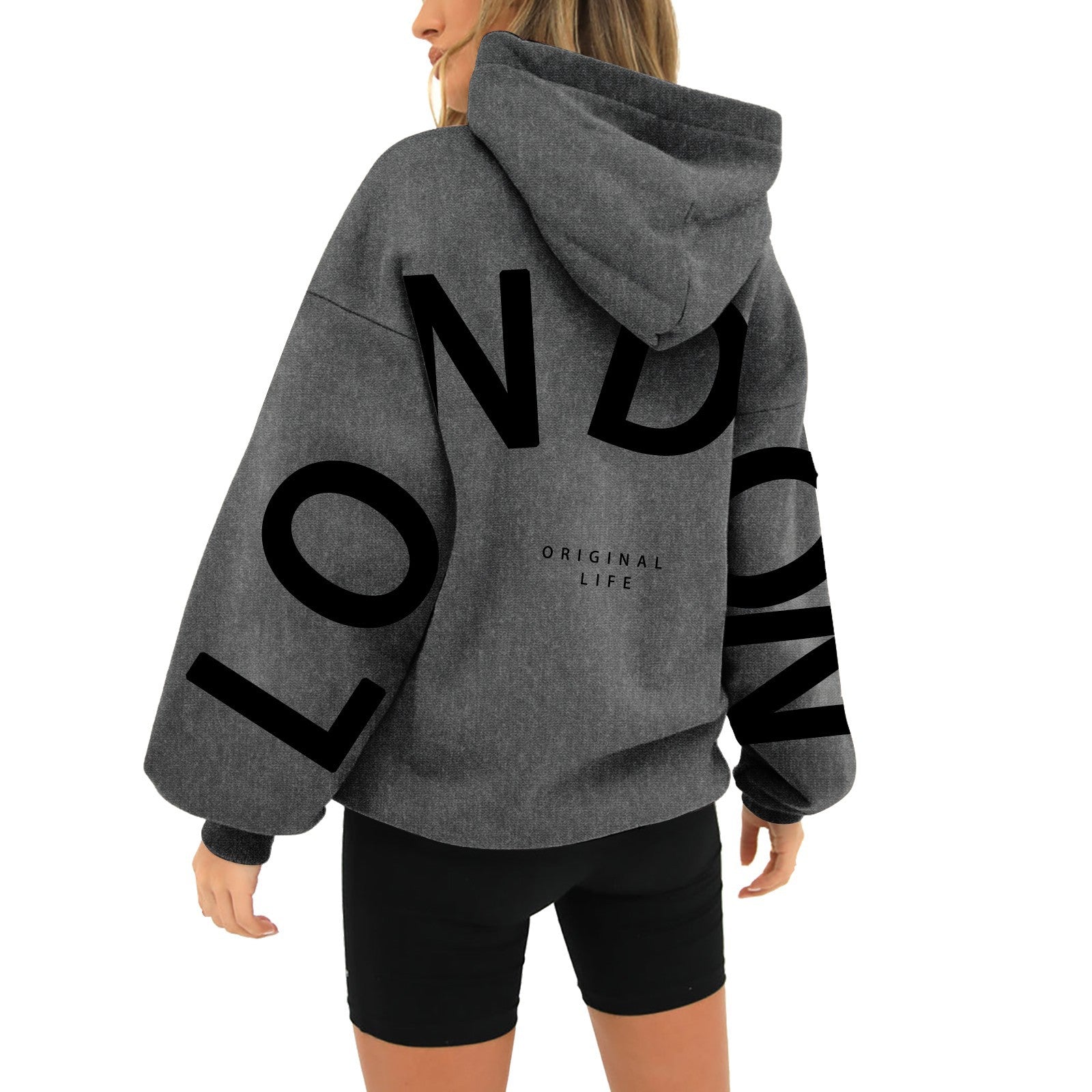 Dark gray hoodie with 'LONDON' print back view