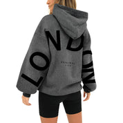 Dark gray hoodie with 'LONDON' print back view