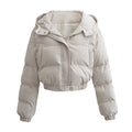 Gray puffer jacket with hood, front view