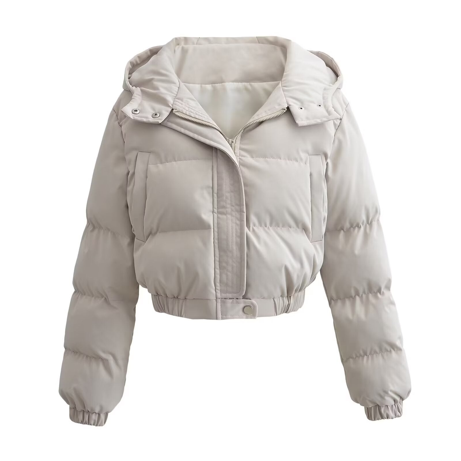 Gray puffer jacket with hood, front view