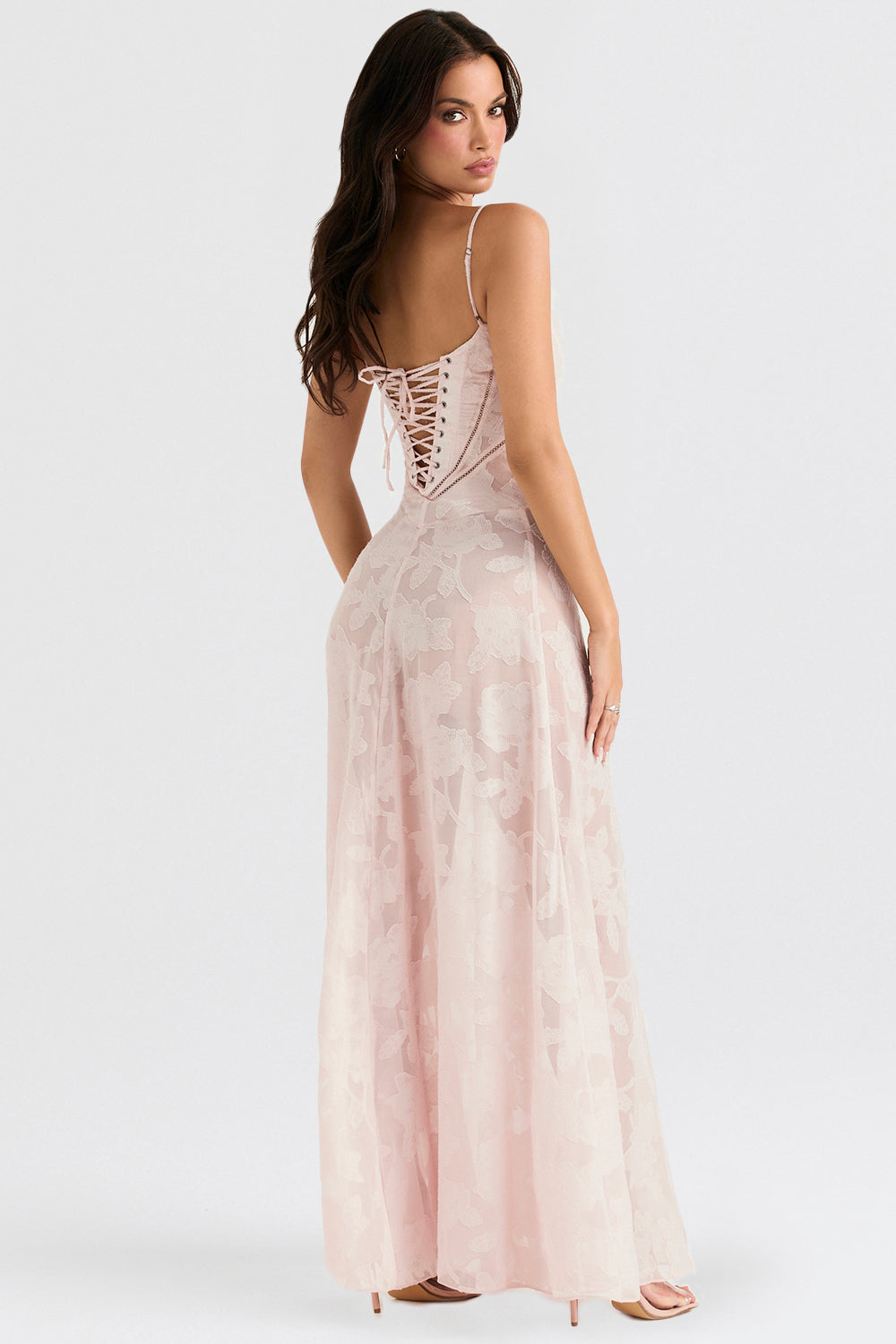 Pink lace maxi dress back view