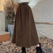 Midi skirt brown color standing view with belt