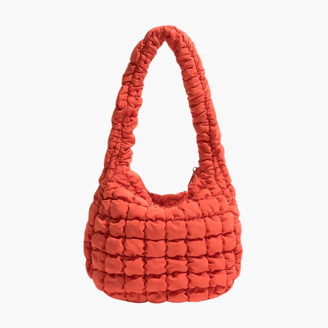 Orange puffy shoulder bag front view