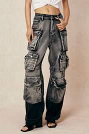 Cargo jeans model front view dark wash