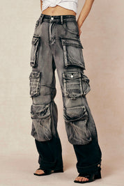 Cargo jeans model front view dark wash hands in pockets