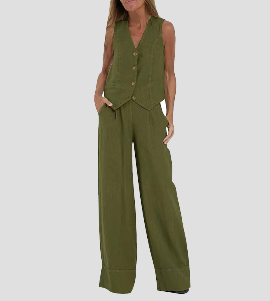 Dames set groen linnen met V-hals gilet en wijde broek front view