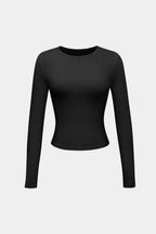 Black long-sleeve crop top front view