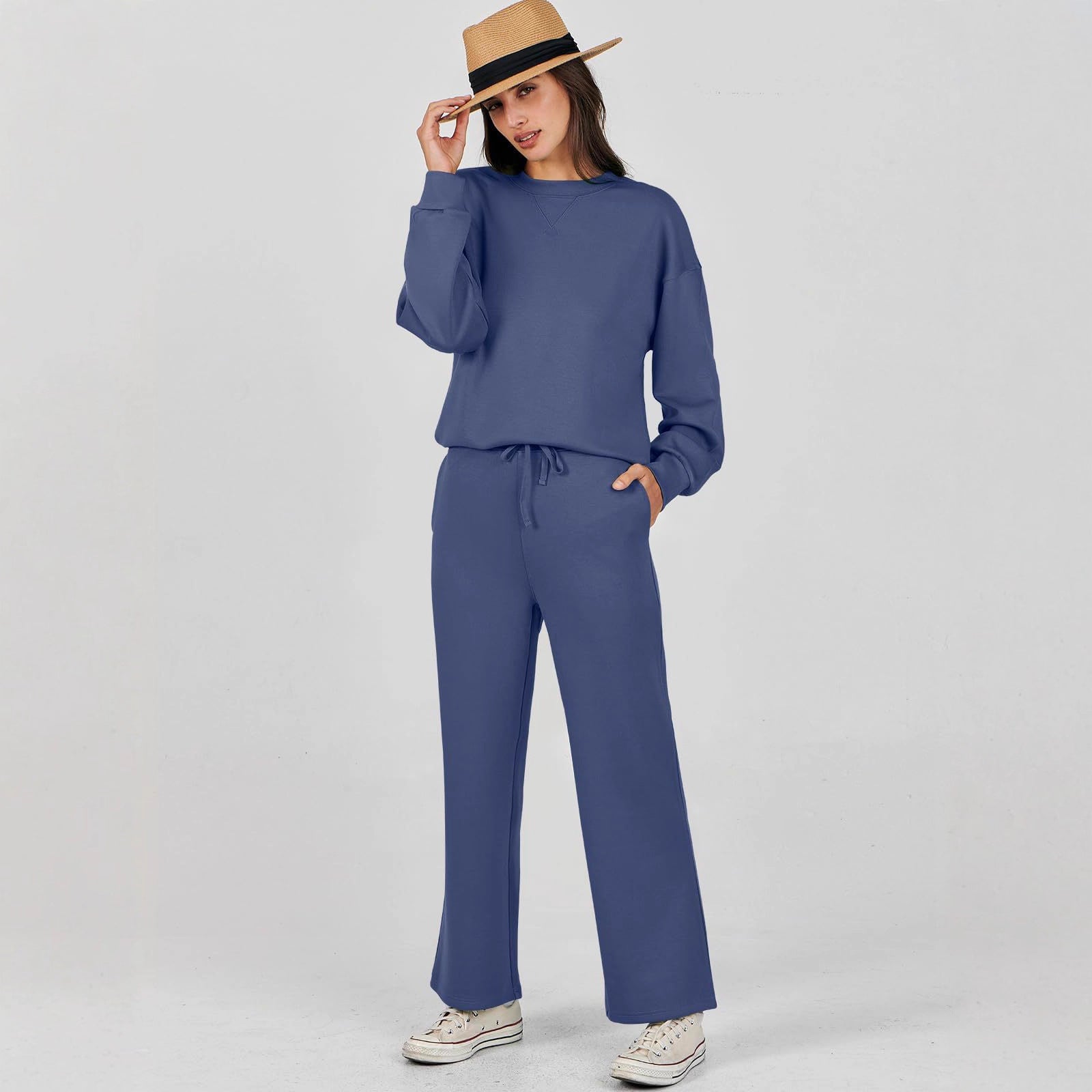 Blue loungewear set with wide pants front view