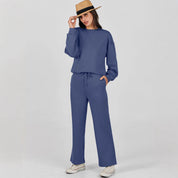 Blue loungewear set with wide pants front view
