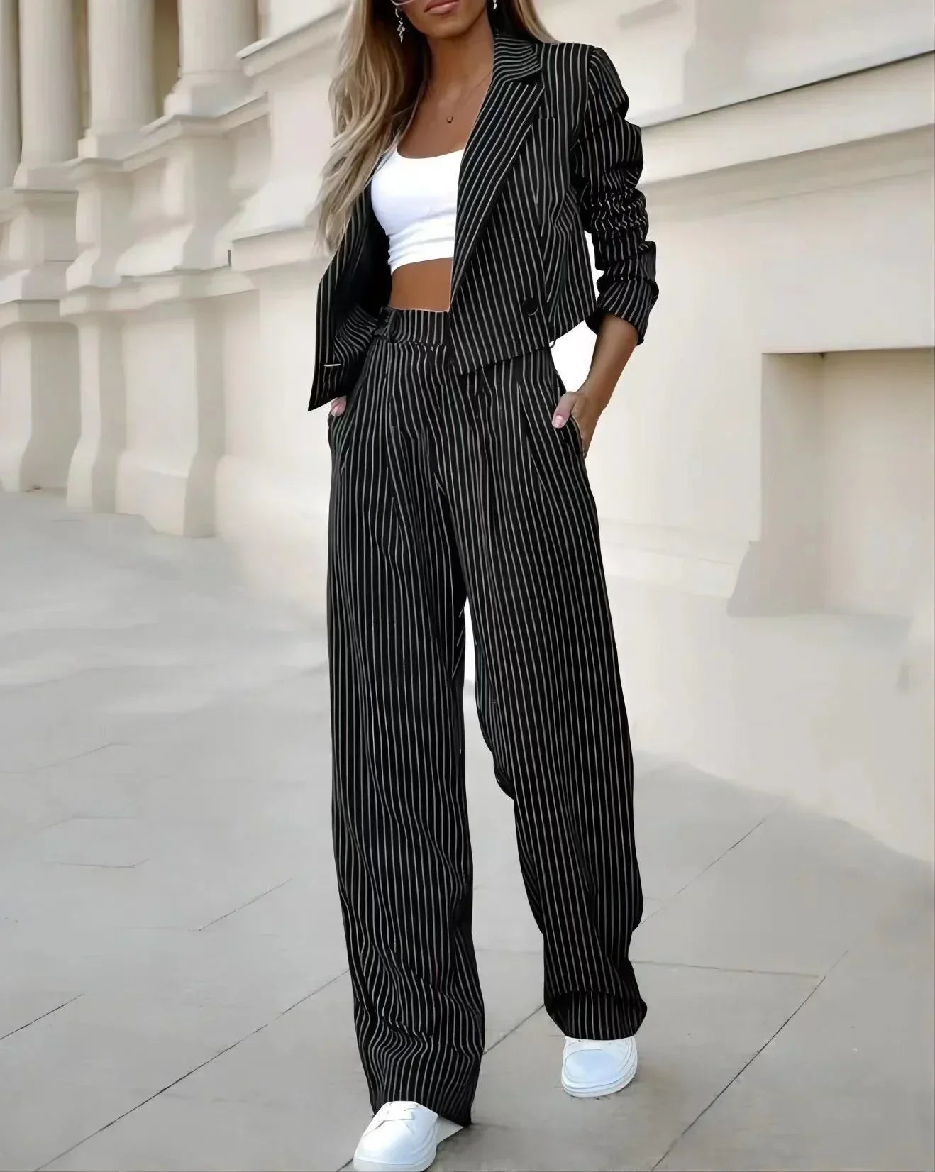 Black striped blazer and pants set full body view