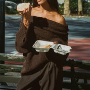 Brown off-shoulder knit sweater with food detail