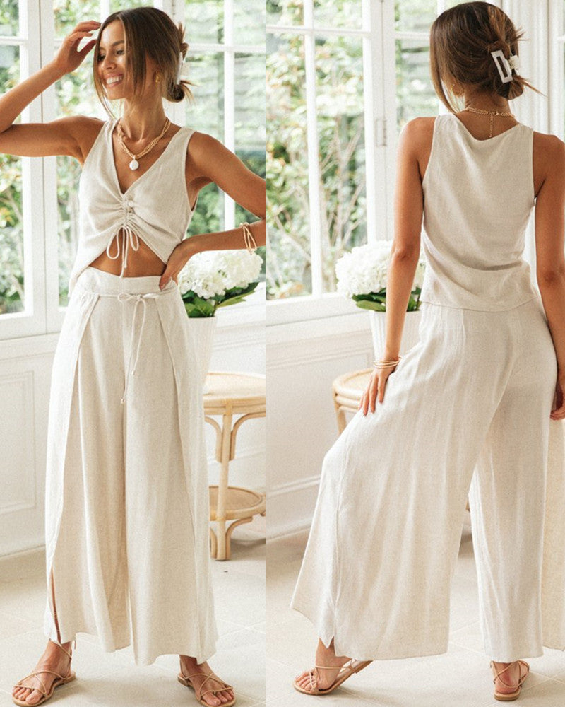 White linen loungewear set front and back views